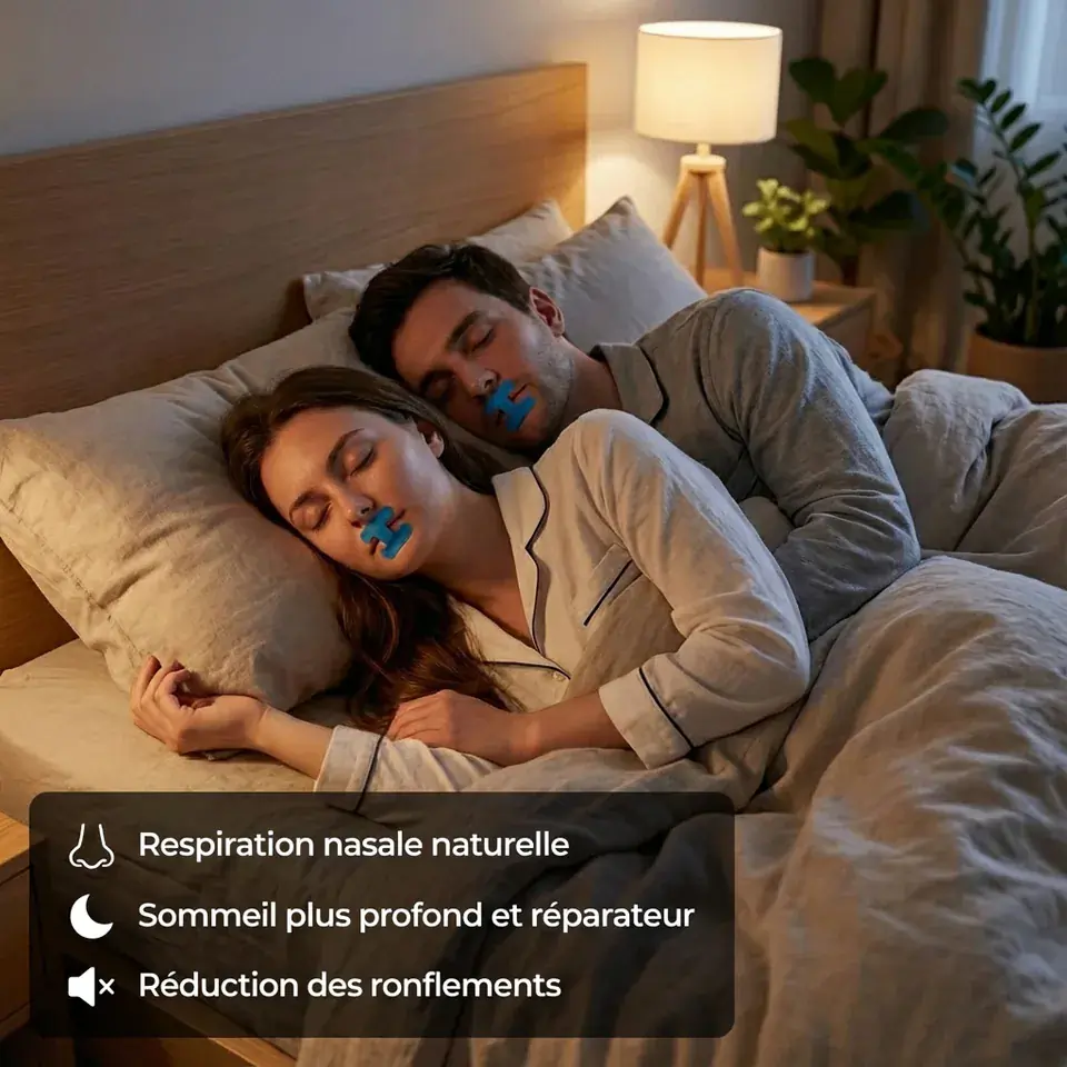 Couple endormi dans un lit, chacun avec une bande buccale bleue en H sur les lèvres, nez dégagé